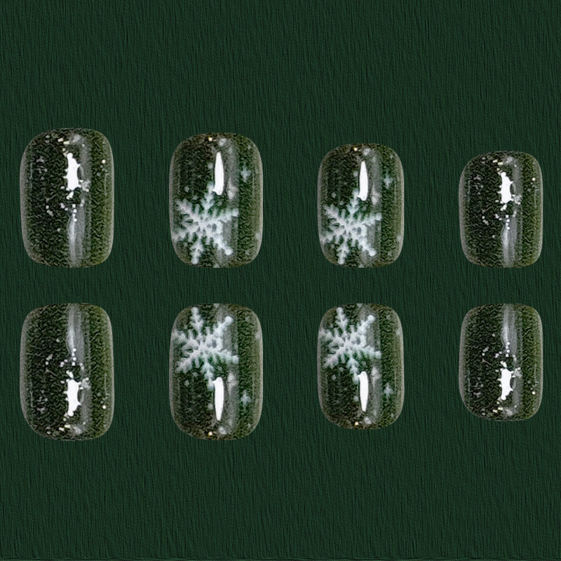 24pcs/Set Short Green Base with White Snowflakes Christmas Press On Nails