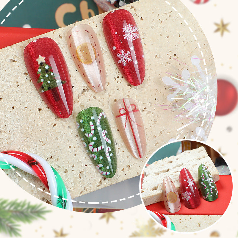 24pcs/Set Christmas Cat Eye Snowflake Bow Press-On Nails