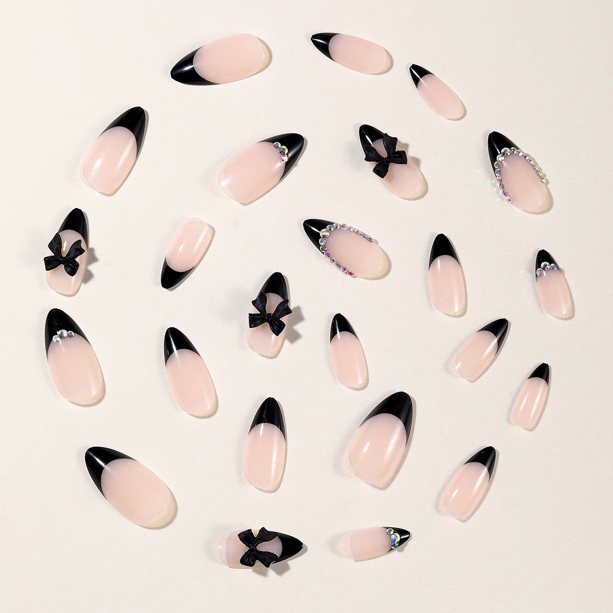 24pcs/Set Black French Bow with Rhinestones Press-On Nails