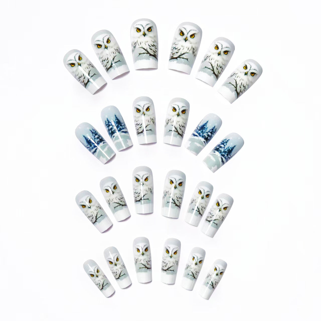 24pcs/Set Christmas Owl with Tree & Snowflake Press-On Nails