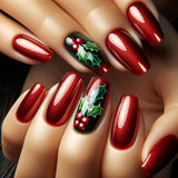 24pcs/Set Christmas Red Series with Holly Berries Press-On Nails