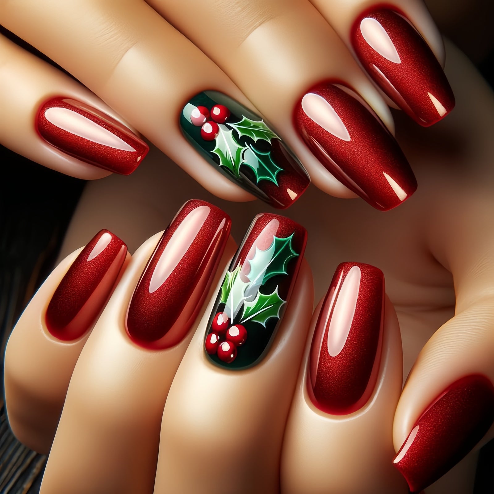 24pcs/Set Christmas Red Series with Holly Berries Press-On Nails
