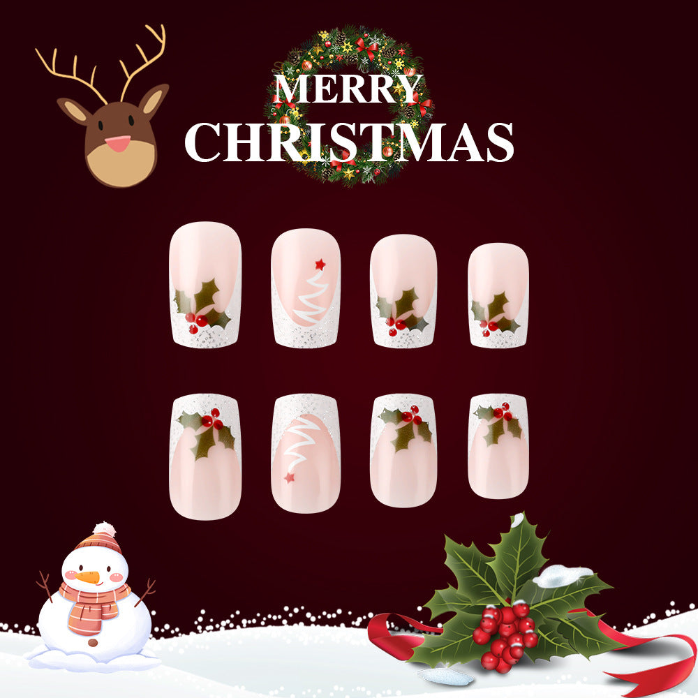 24pcs/Set Short Glitter French White Edge Minimalist Christmas Tree Press-On Nails