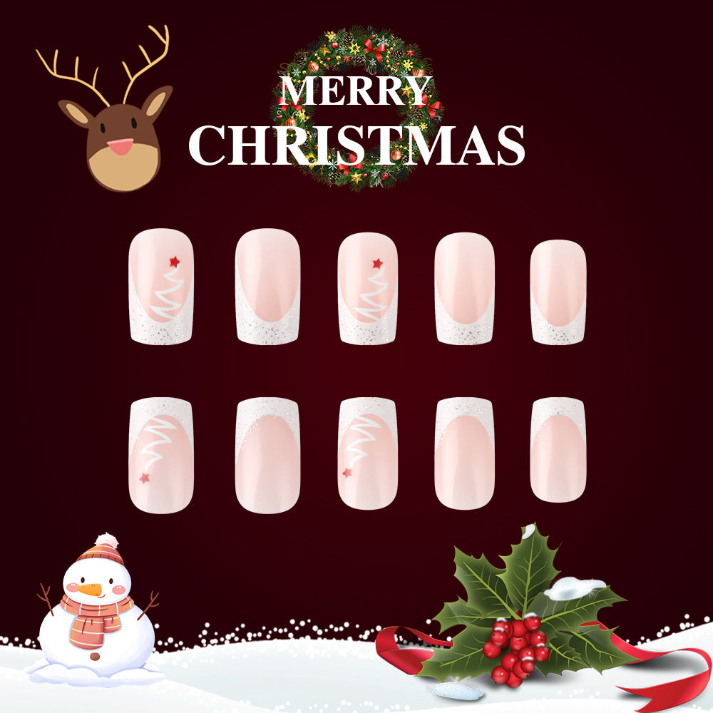 24pcs/Set Short Glitter French White Edge Minimalist Christmas Tree Press-On Nails