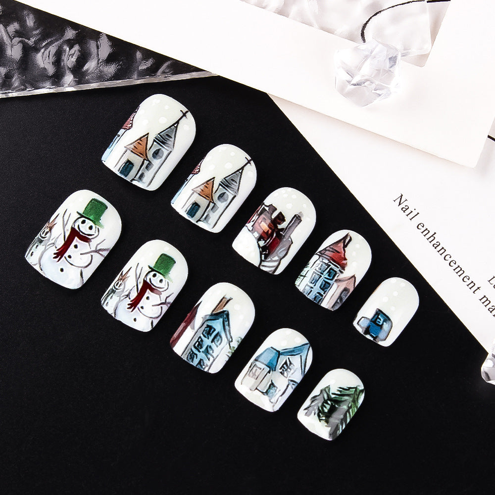 24pcs/Set Christmas Cartoon Snowflake Snowman Short Press-On Nails