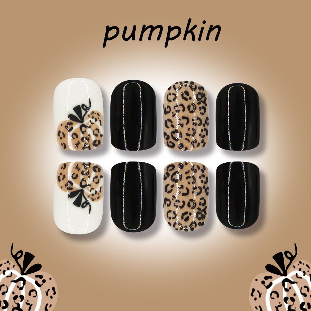 24pcs/Set Autumn Winter Leopard Print Pumpkin Halloween Short Press-On Nails