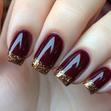 24pcs/Set Burgundy And Gold Glided French Press-On Nails