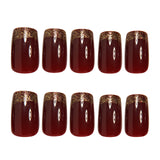 24pcs/Set Burgundy And Gold Glided French Press-On Nails