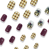 24pcs/Set Thanksgiving Plaid Pumpkin Print Short Press-On Nails