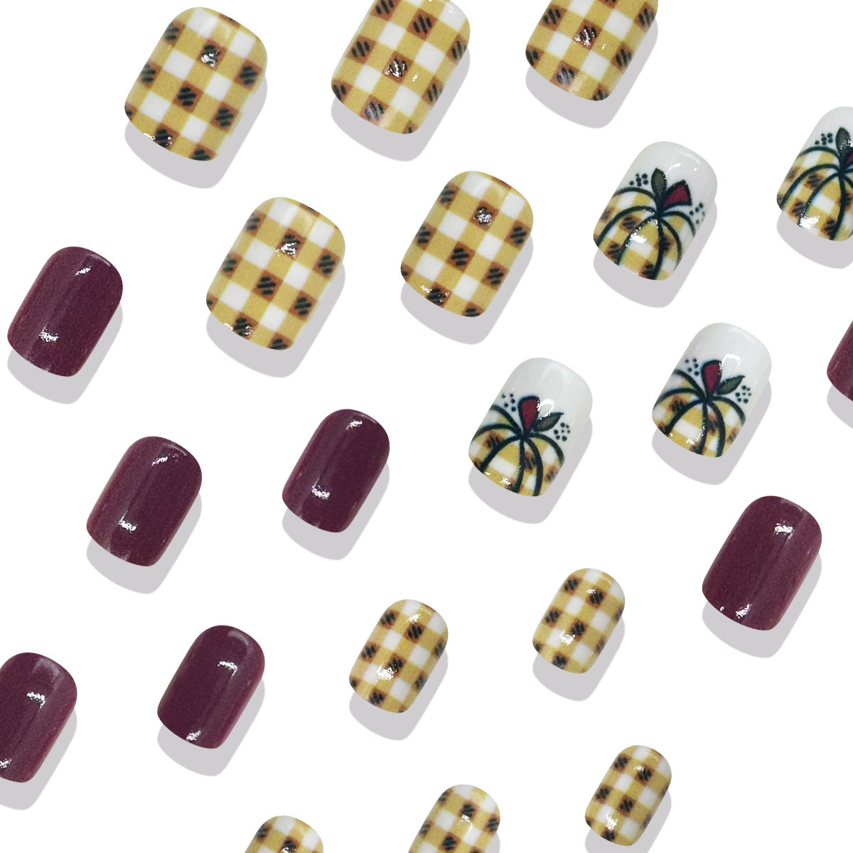 24pcs/Set Thanksgiving Plaid Pumpkin Print Short Press-On Nails
