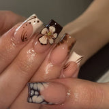 24pcs/Set Autumn Winter French 3D Flower Crocodile Pattern Press-On Nails