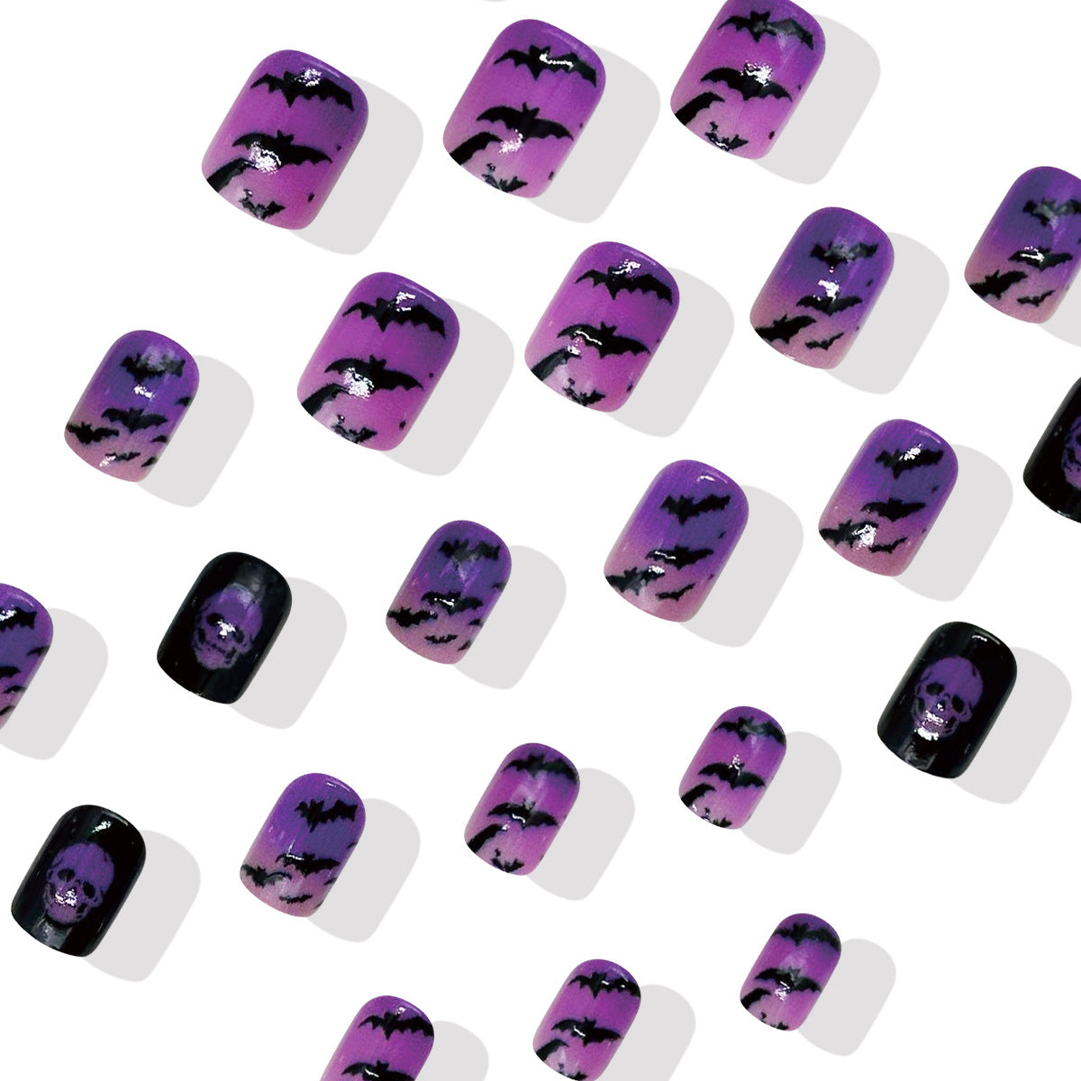 24pcs/Set Halloween Purple Black Gradient Bat Skeleton Short Press-On Nails