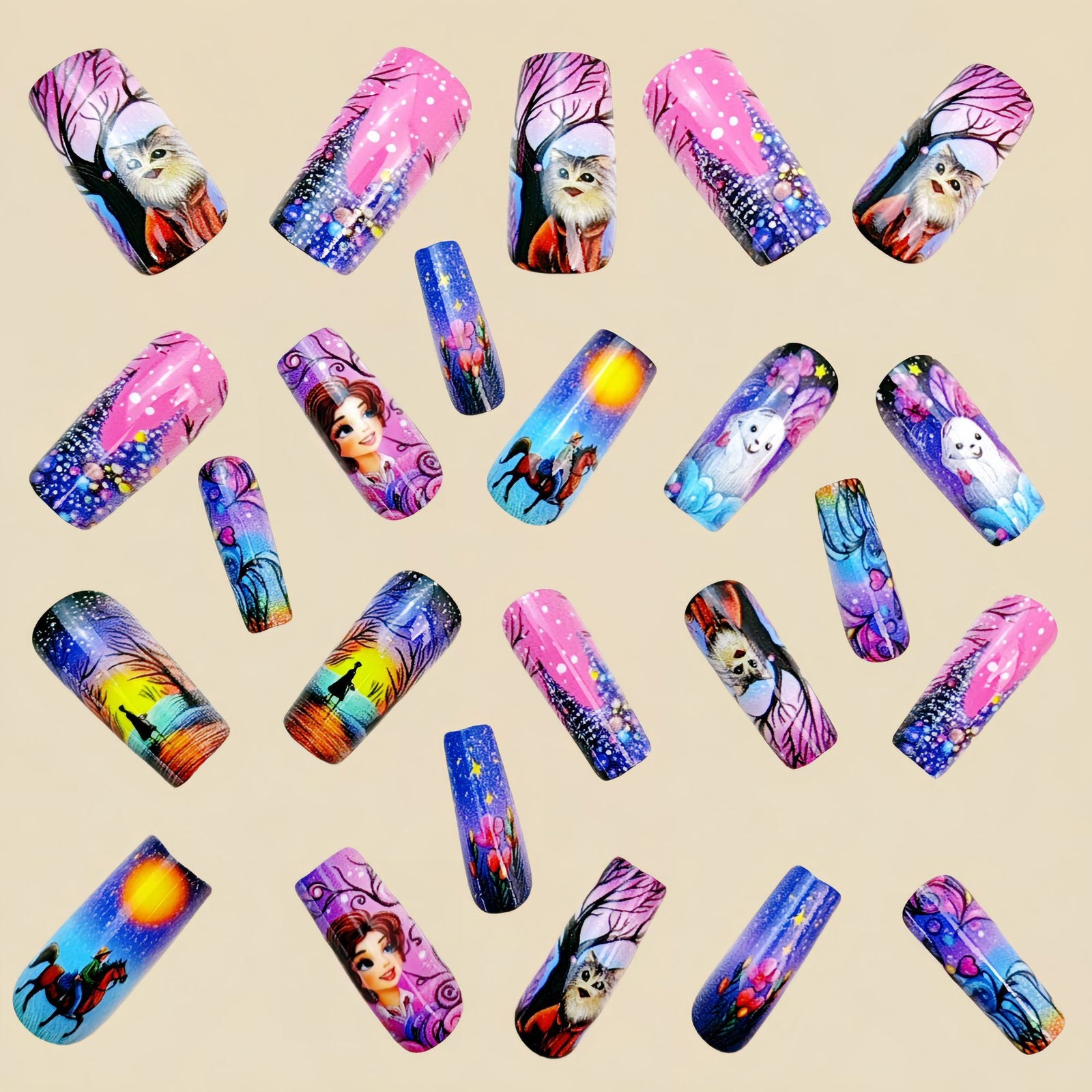 24pcs/Set New Year Pink Cartoon Characters And Animals Press-On Nails