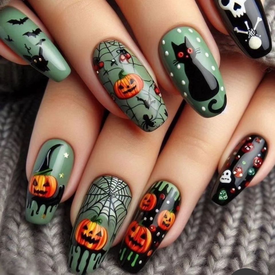 24pcs/Set Halloween Pumpkin Black Ca Bat Press-On Nails