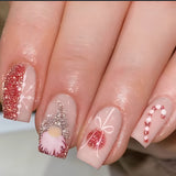 24pcs/Set Pink Santa Claus Christmas Candy Cane Short Press-On Nails
