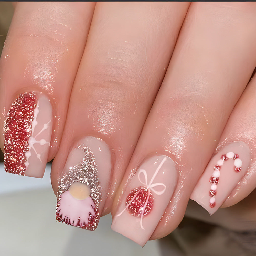 24pcs/Set Pink Santa Claus Christmas Candy Cane Short Press-On Nails