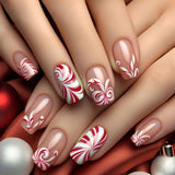 24pcs/Set Nude Stripes Red White Christmas Press-On Nails