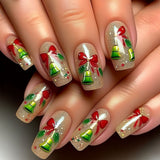 24pcs/Set Christmas Red Bow and Green Bells Press-On Nails