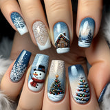 24pcs/Set Christmas Tree Snow House Snowman Snowflake Press-On Nails