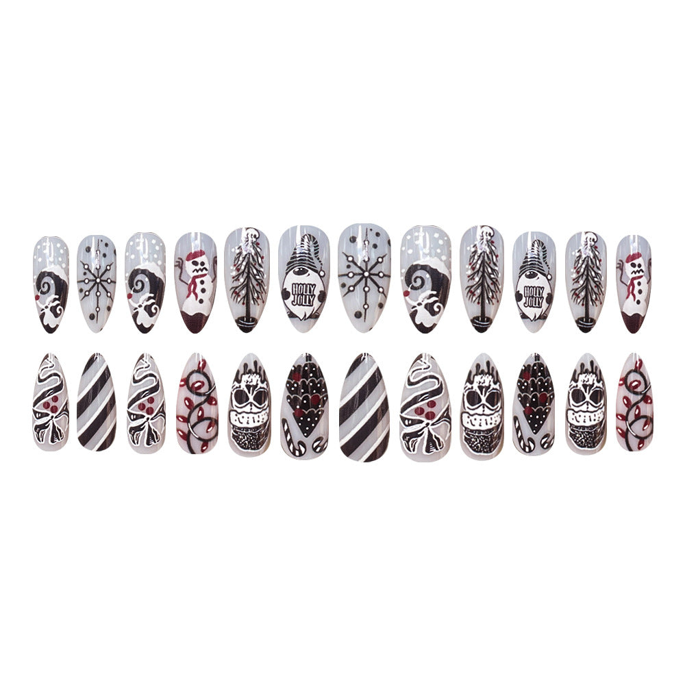 24pcs/Set Christmas Terror Snowman with Skull Snowflakes Tree Press-On Nails