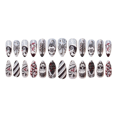 24pcs/Set Christmas Terror Snowman with Skull Snowflakes Tree Press-On Nails