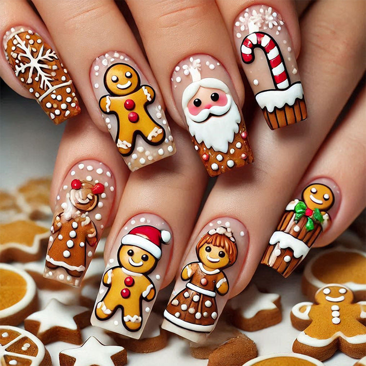 24pcs/Set Christmas Santa & 3D Gingerbread Man Press-On Nails