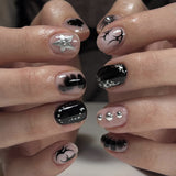 24pcs/Set Gothic Black Hearts and Silver Stars Short Press-On Nails