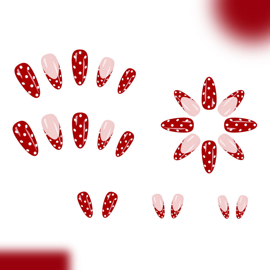 24pcs/Set Burgundy French Manicure White Polka Dots Press-On Nails