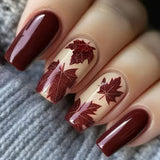 24pcs/Set Autumn-Winter Burgundy Maple Leaf Press-On Nails