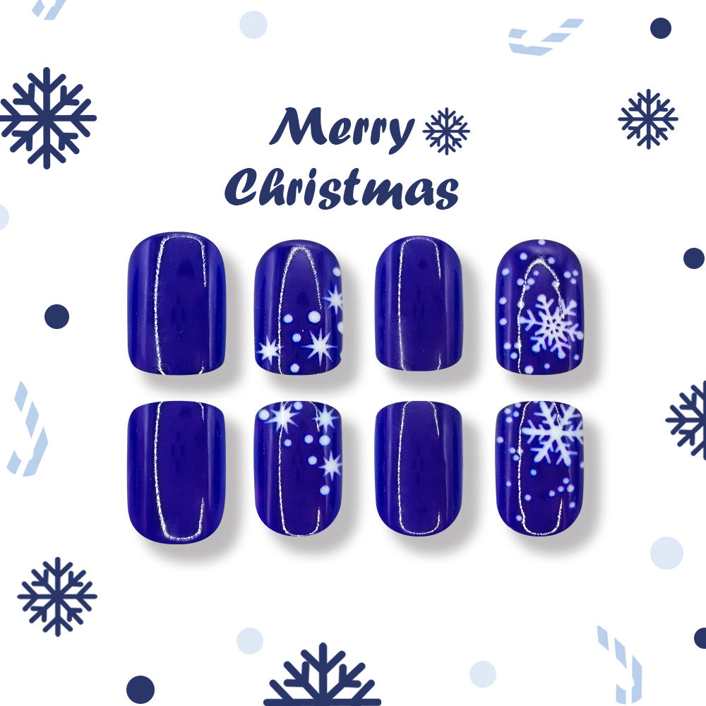 24pcs/Set Royal Blue Glossy Simple Snowflake Short Press-On Nails