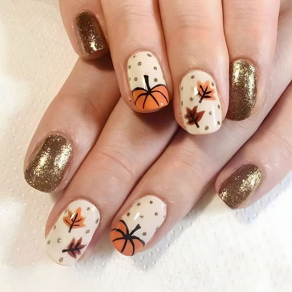 24pcs/Set Short Autumn Maple Leaf And Pumpkin Press-On Nails