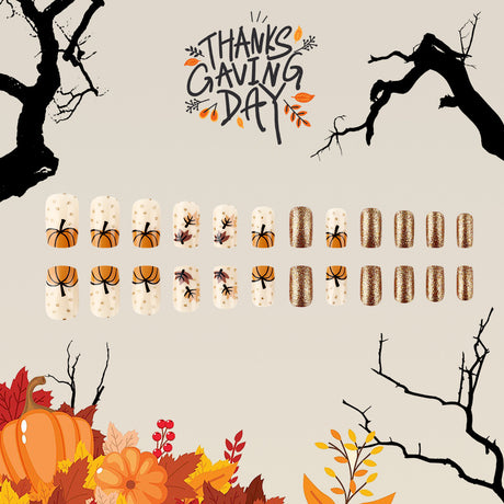 24pcs/Set Short Autumn Maple Leaf And Pumpkin Press-On Nails
