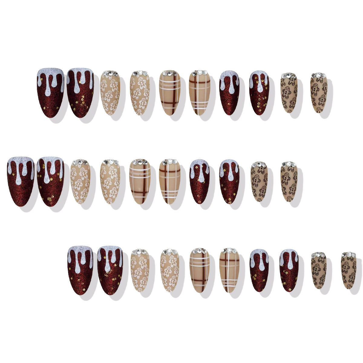 30pcs/Set Christmas Brown Striped Snowman Press-On Nails