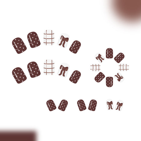 24pcs/Set Short Autumn Winter Brown Bow Plaid White Polka Dots Press-On Nails