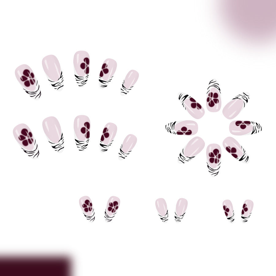 24pcs/Set Black Stripe French With Brown Flowers Press-On Nails