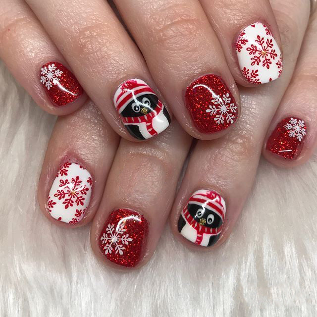 24pcs/Set Short Christmas Red White Snowflake Cartoon Penguin Press-On Nails