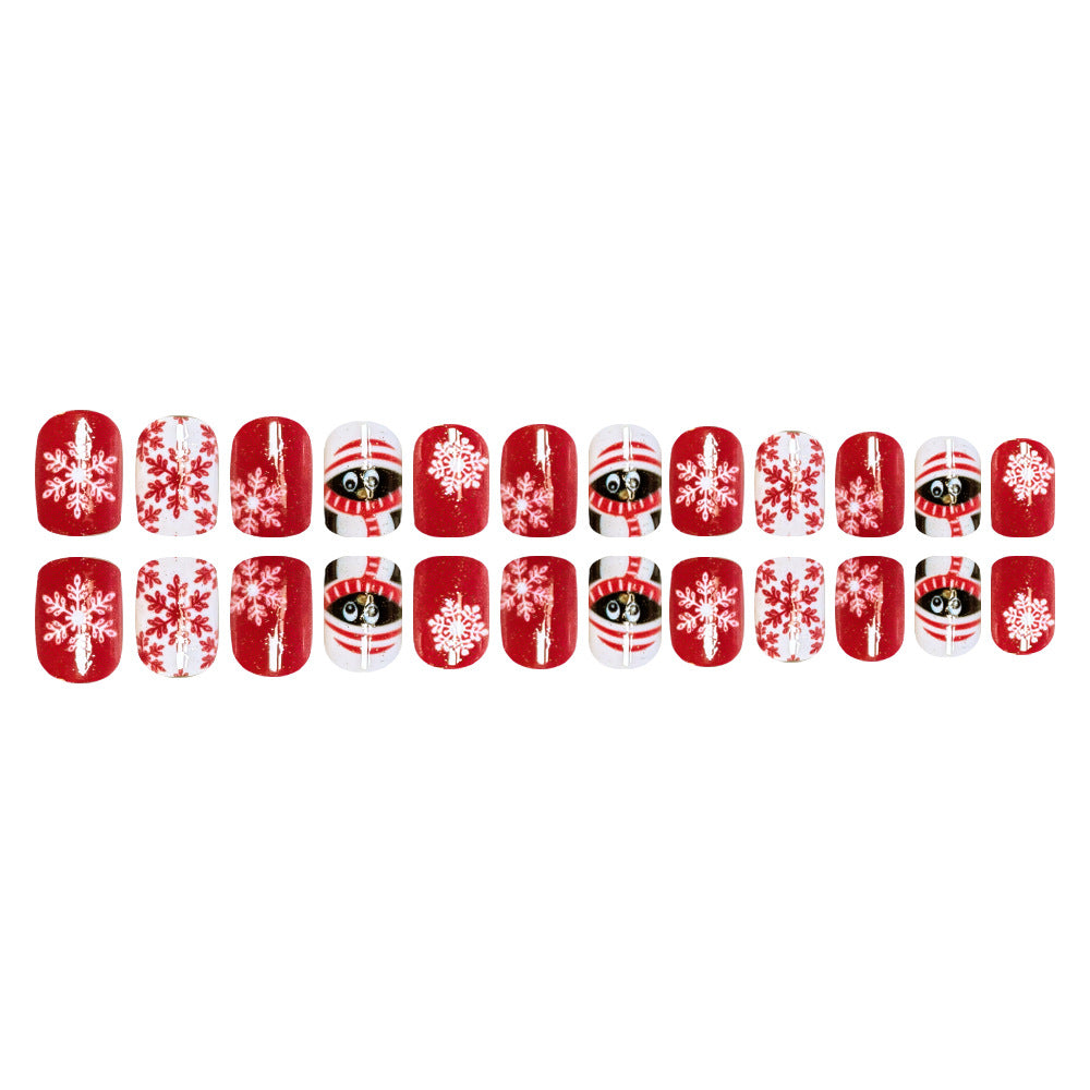 24pcs/Set Short Christmas Red White Snowflake Cartoon Penguin Press-On Nails
