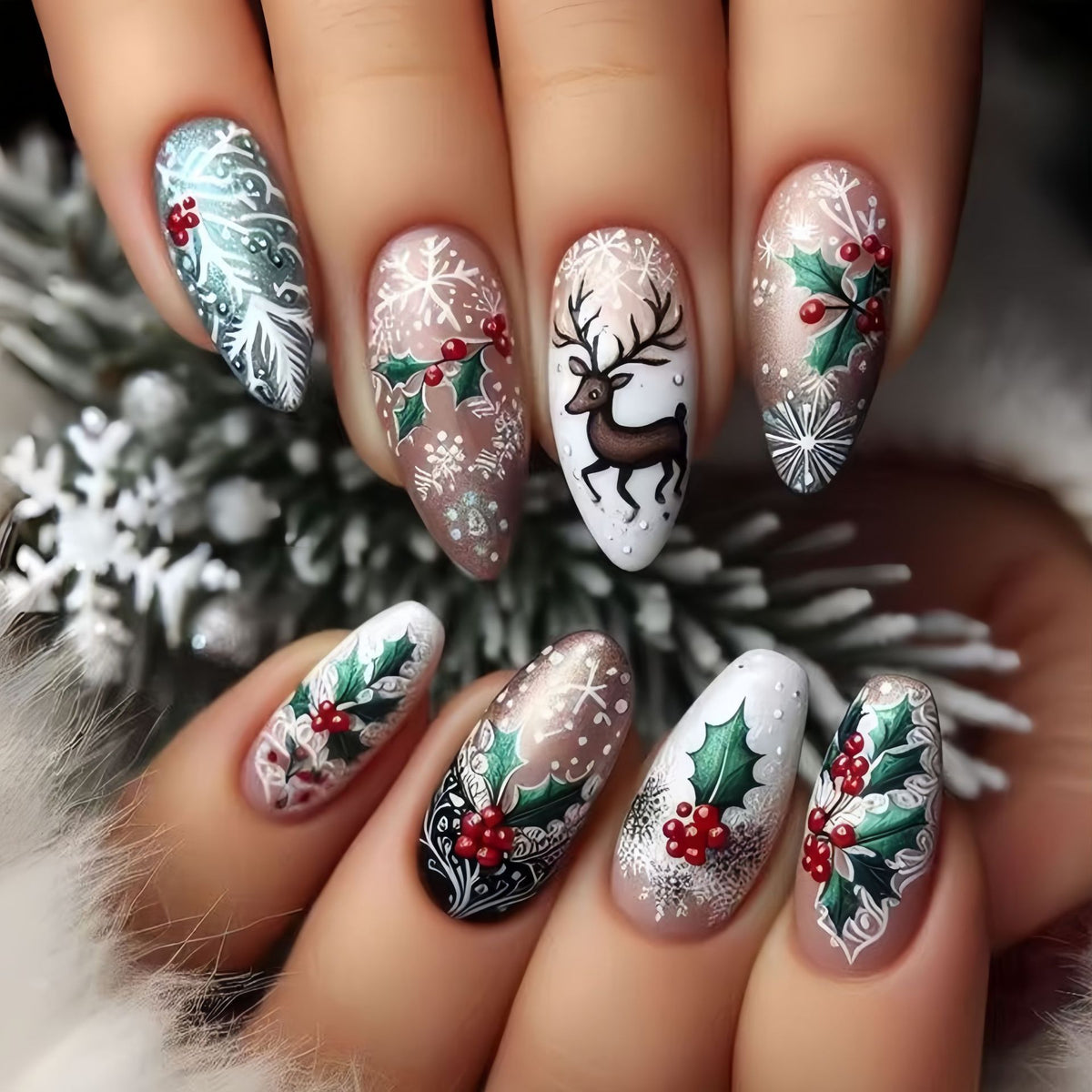 24pcs/Set Christmas Snowflakes And Reindeer Press-On Nails