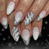 24pcs/Set Christmas French Silver Glitter White Snowflakes Press-On Nails