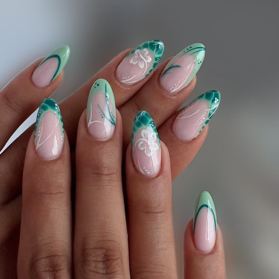 24pcs/Set Mint Green French Floral Press-On Nails