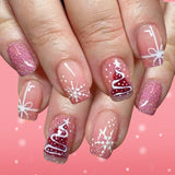 24pcs/Set Short Pink Christmas Tree Glitter Snowflakes Press-On Nails