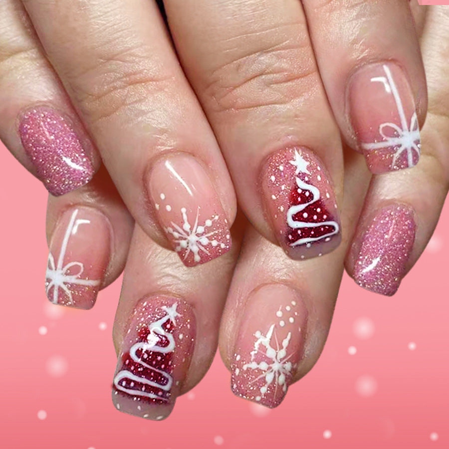24pcs/Set Short Pink Christmas Tree Glitter Snowflakes Press-On Nails