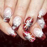 24pcs/Set Short Crimson French with Glitter Snowflake & Gift Ribbon Press-On Nails