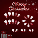 24pcs/Set Short Crimson French with Glitter Snowflake & Gift Ribbon Press-On Nails