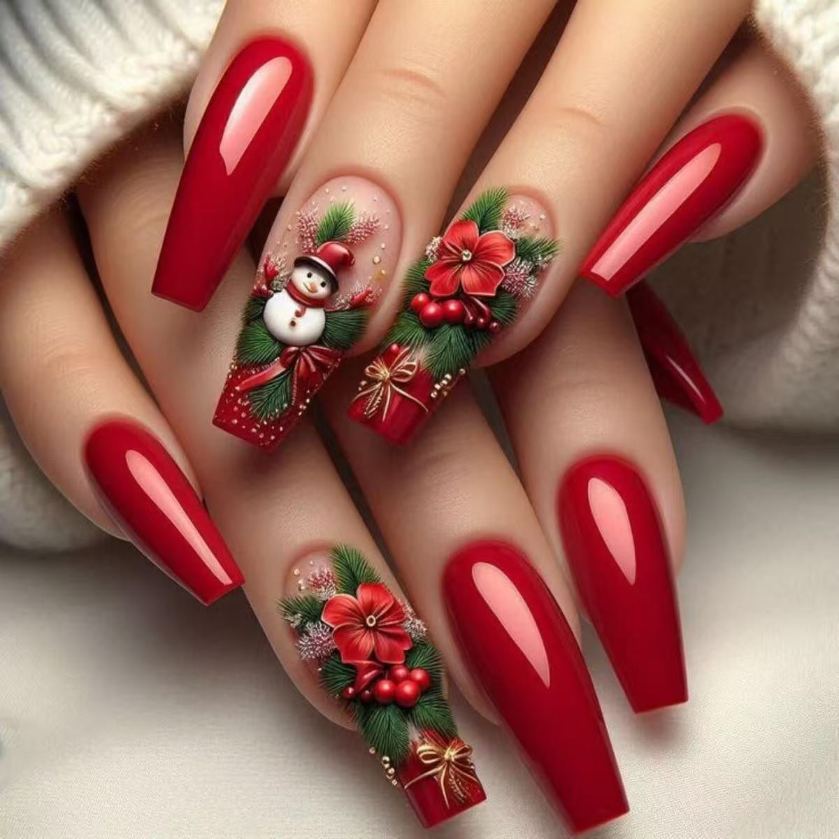 24pcs/Set Christmas Red Flower Snowman Press-On Nails