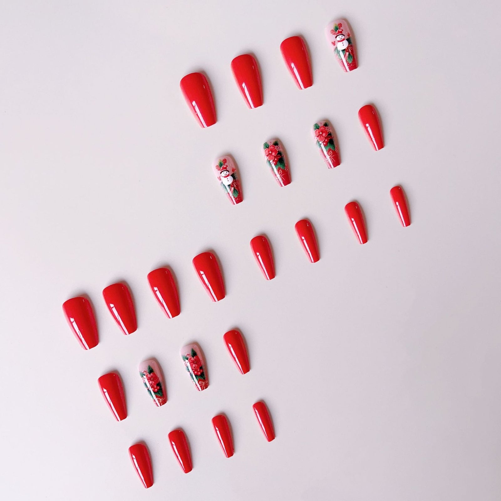 24pcs/Set Christmas Red Flower Snowman Press-On Nails
