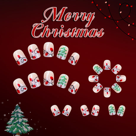 24pcs/Set Short  Christmas Tree String Lights Press-On Nails