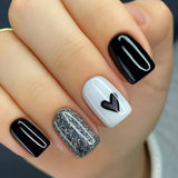24pcs/Set Short Black Heart Glitter Press-On Nails
