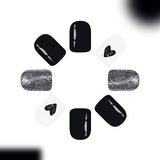 24pcs/Set Short Black Heart Glitter Press-On Nails