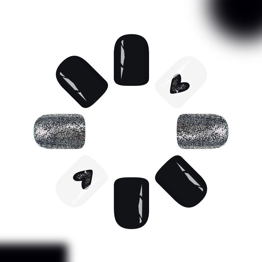 24pcs/Set Short Black Heart Glitter Press-On Nails